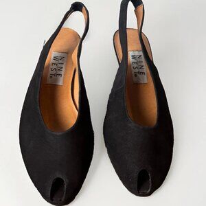 (8)NINE WEST "IDA" Tiny Peep Toe Slingback Black Suede Wedge Heels